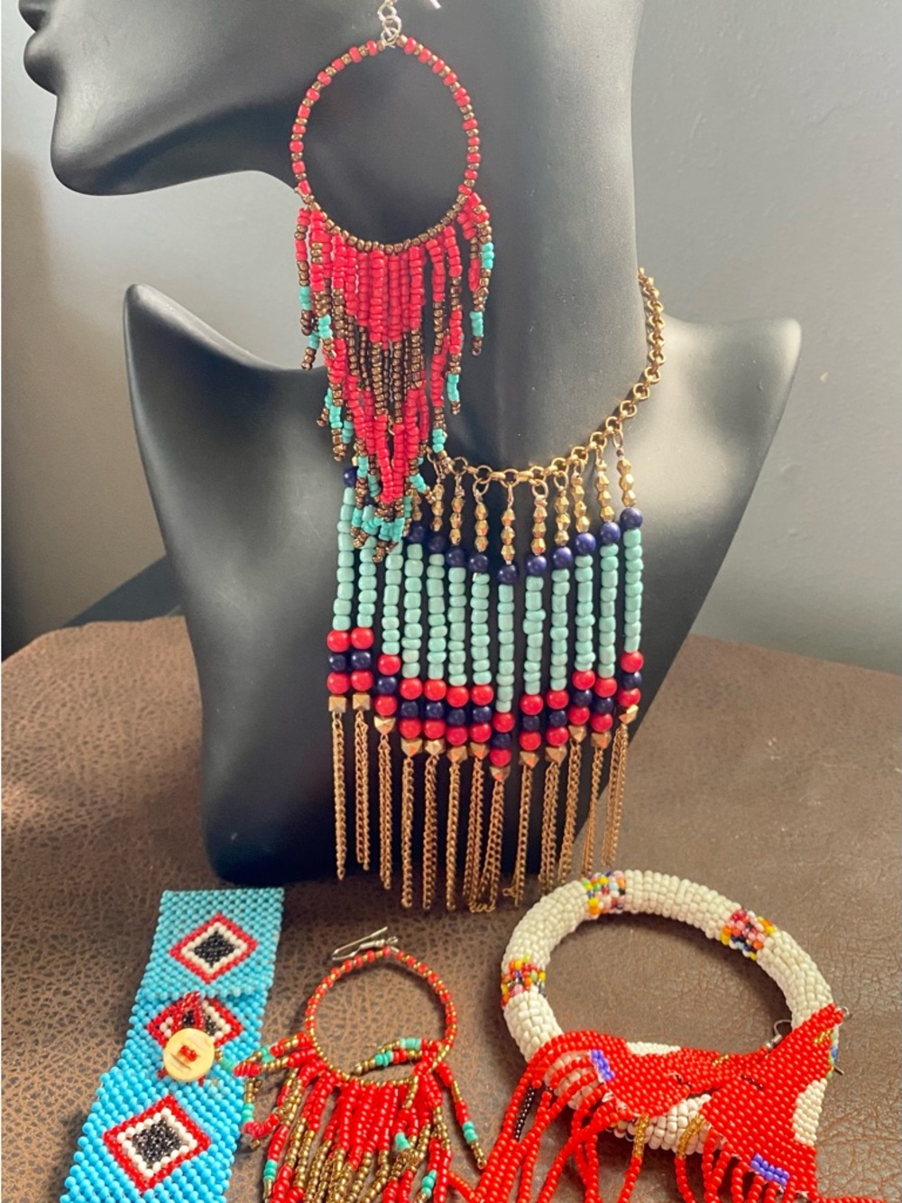 Handmade Tribal Native Red & Turquoise Beaded Fringe Necklace and Earring Set
